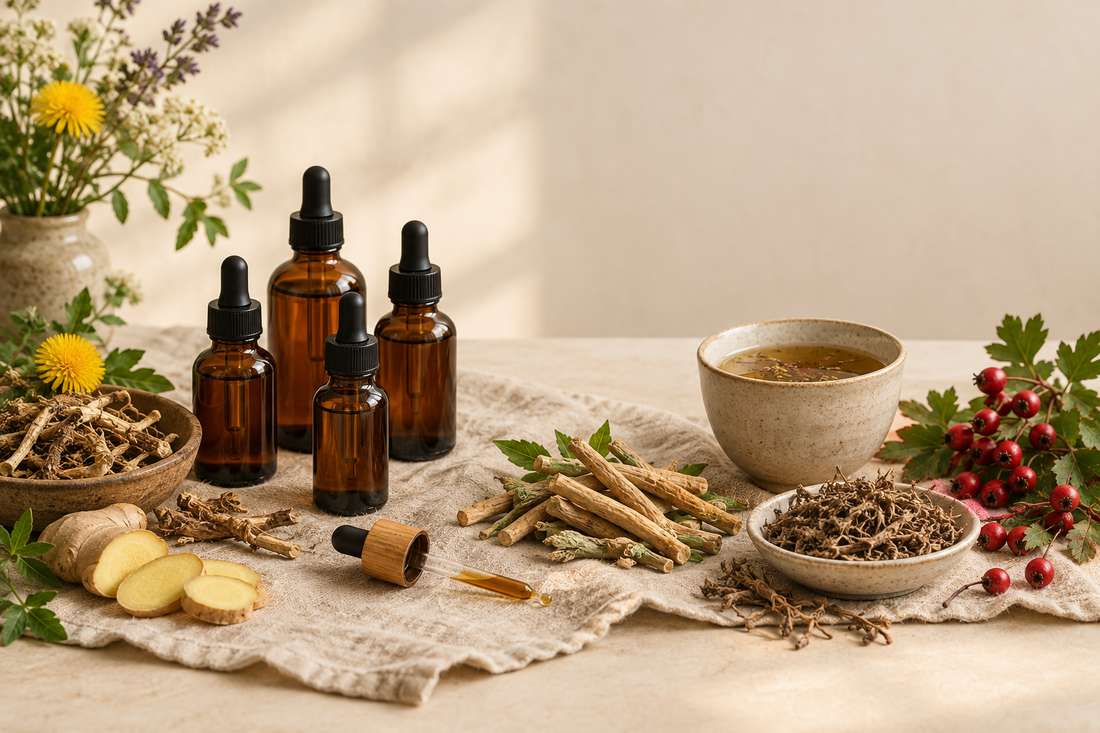 Unlabeled amber herbal tincture bottles, dried botanicals, and a warm cup of tea on linen