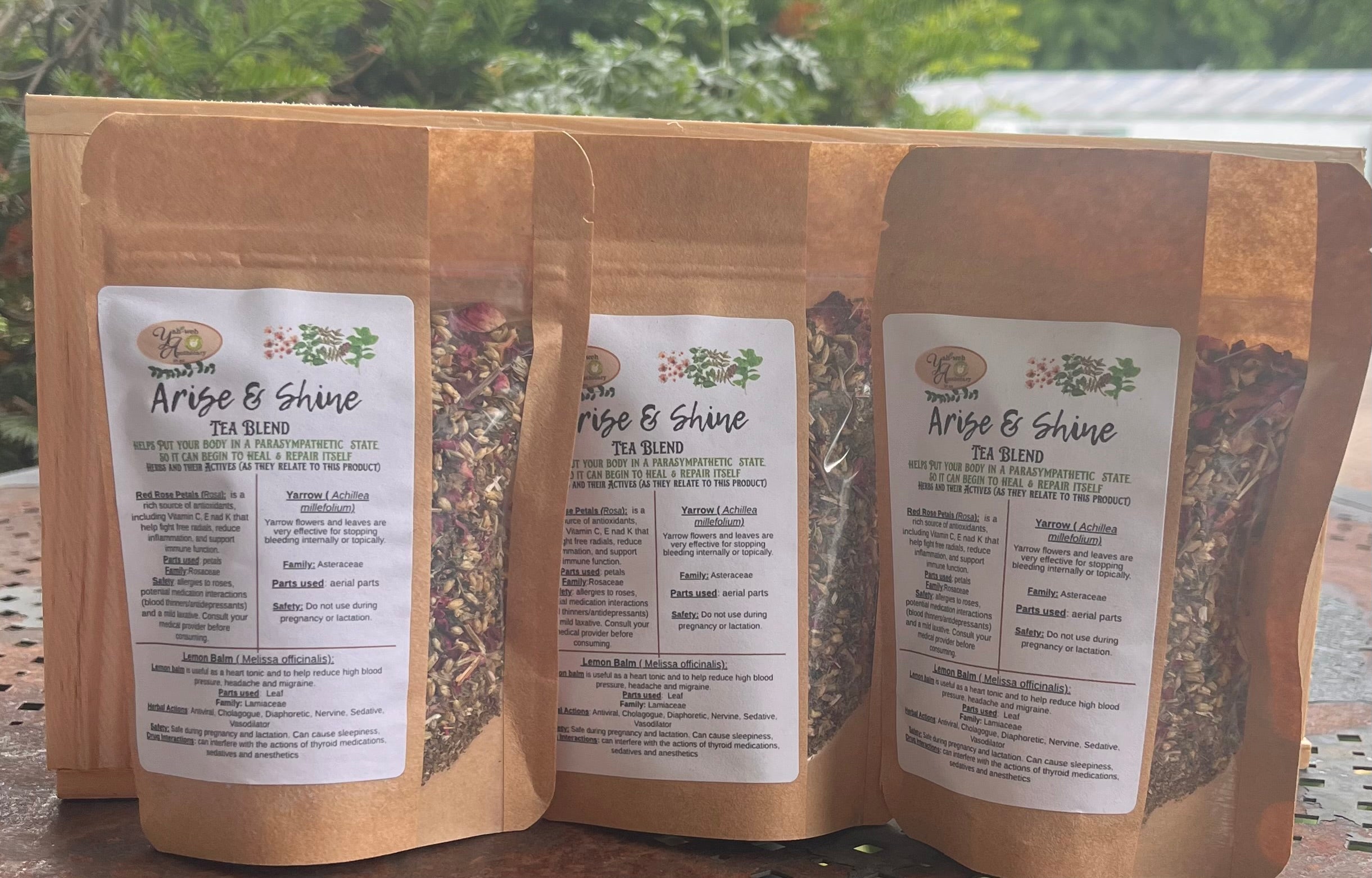 Yahweh's Apothecary Arise & Shine herbal tea blend product packaging