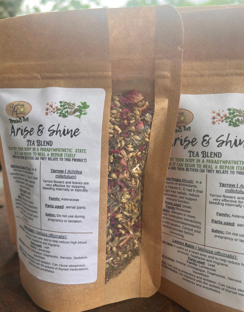 Yahweh's Apothecary Arise & Shine herbal tea blend closeup of dried botanicals