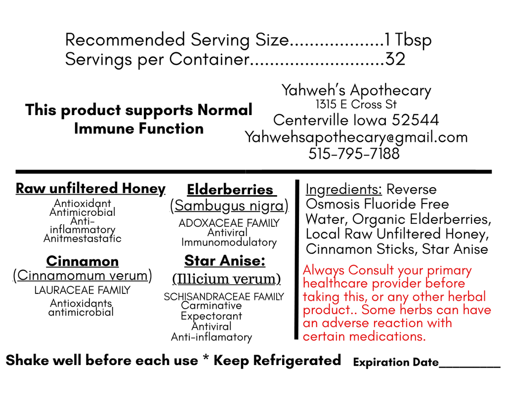 Yahweh's Apothecary Elderberry Syrup back label with ingredients