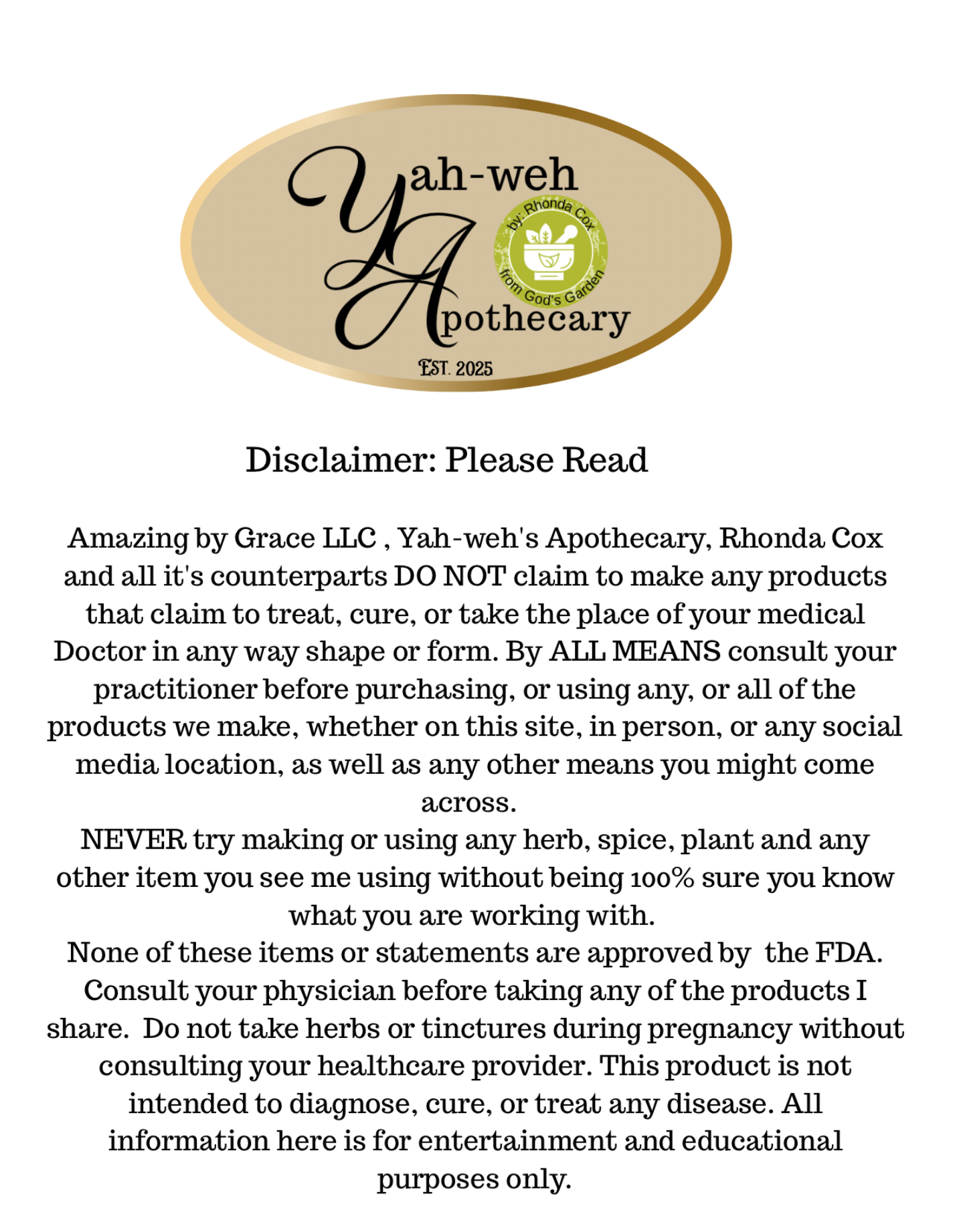 Yahweh's Apothecary product disclaimer and FDA statement
