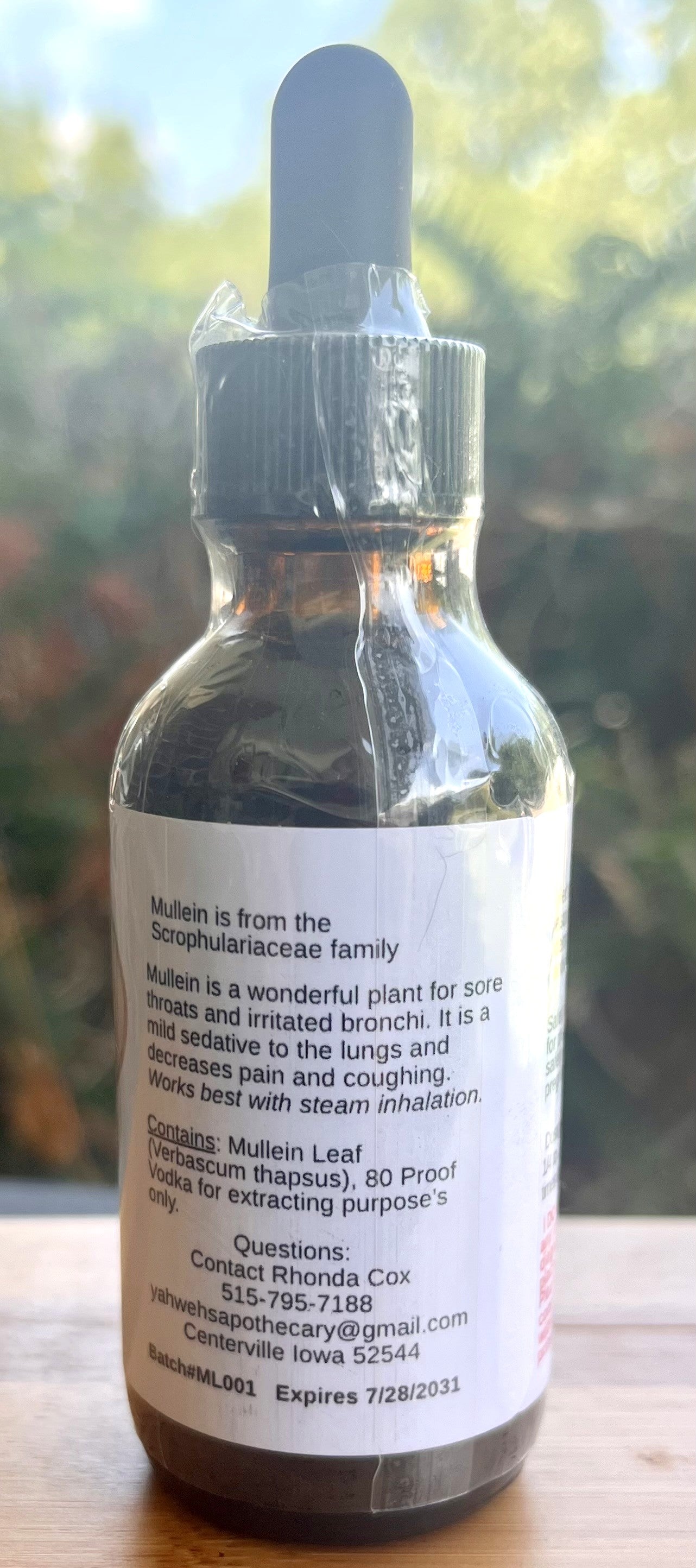 Yahweh's Apothecary Mullein Leaf tincture bottle side label