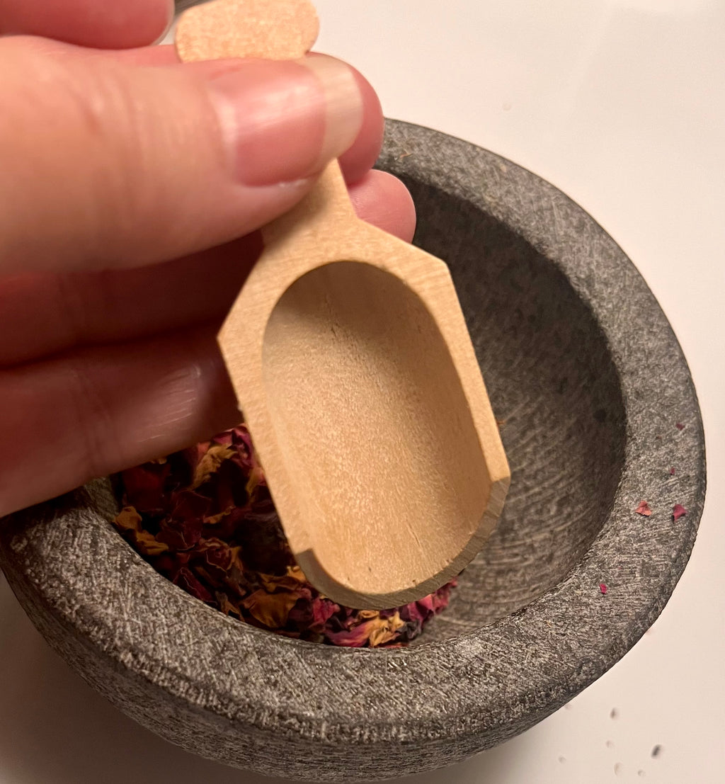 Yahweh's Apothecary wooden tea scoop detail view