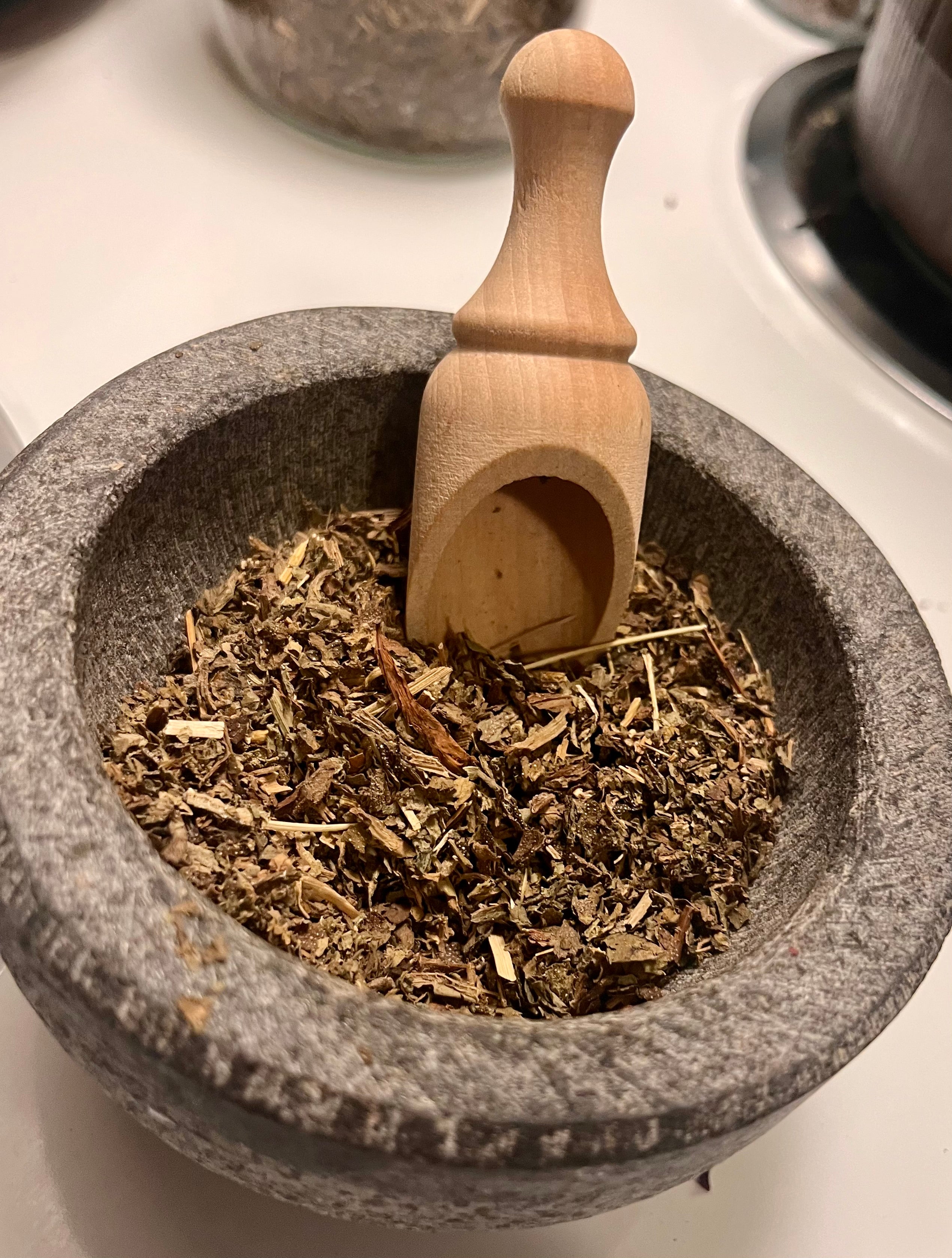 Yahweh's Apothecary wooden tea scoop detail view