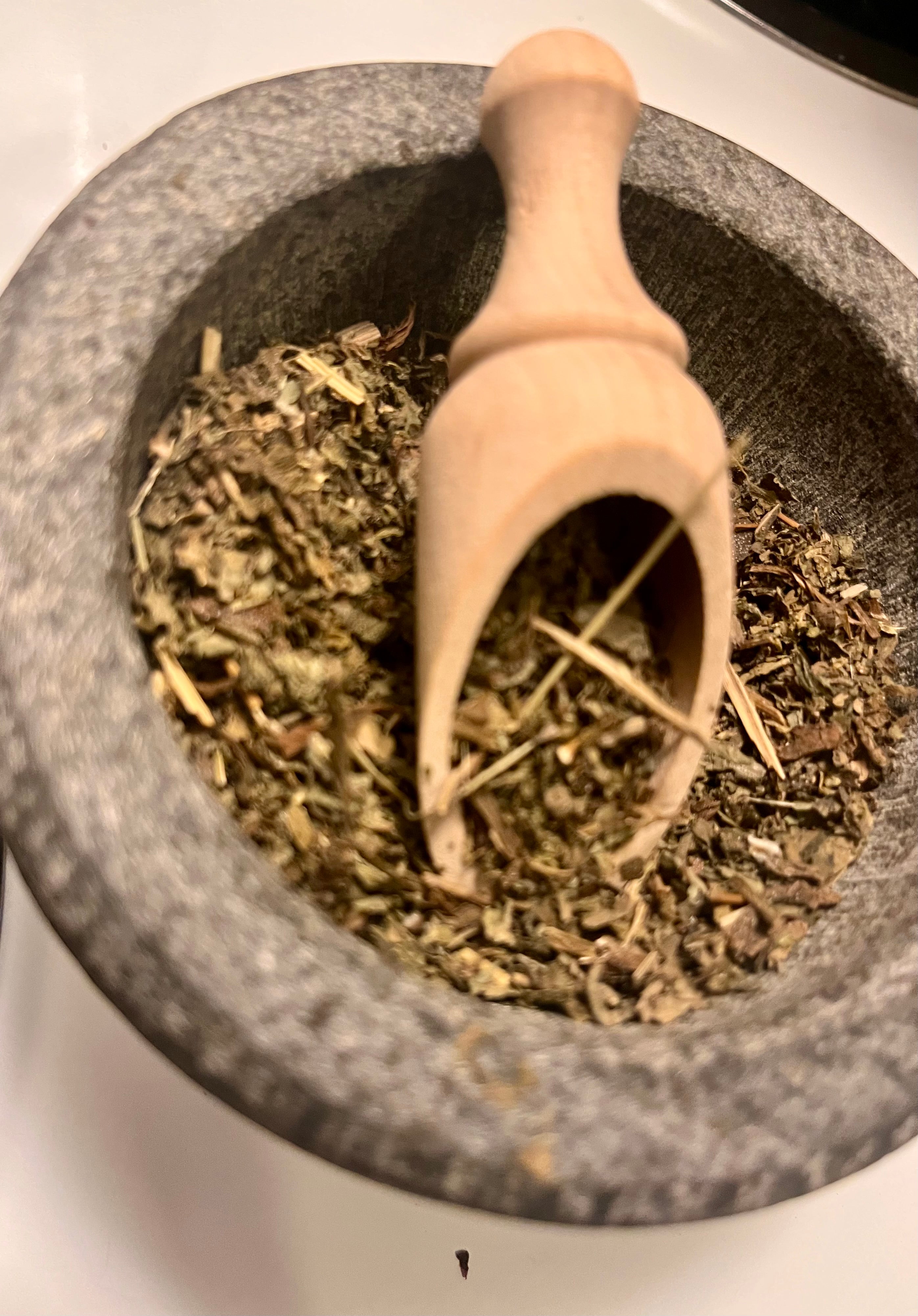 Yahweh's Apothecary wooden tea scoop detail view