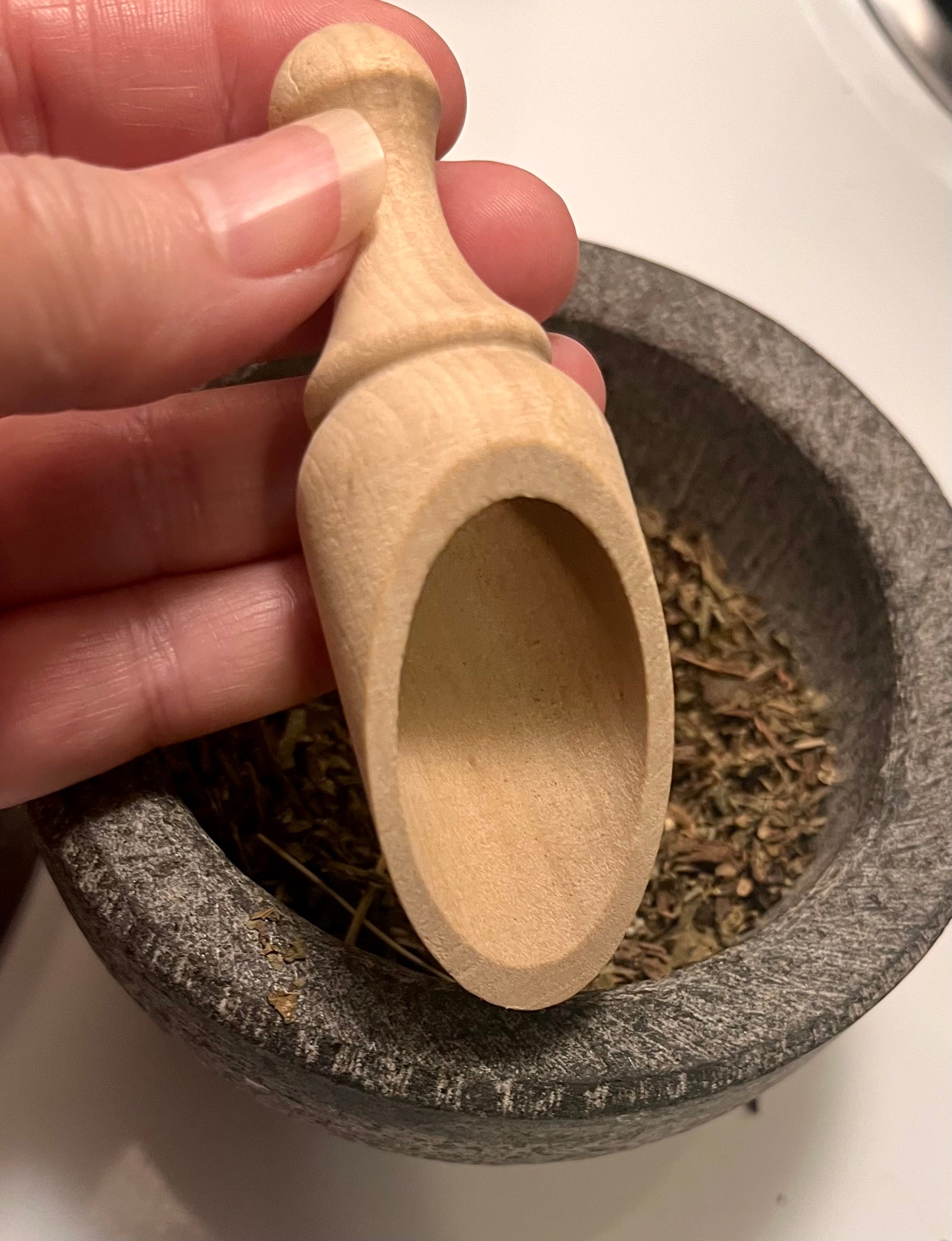 Yahweh's Apothecary wooden tea scoop detail view