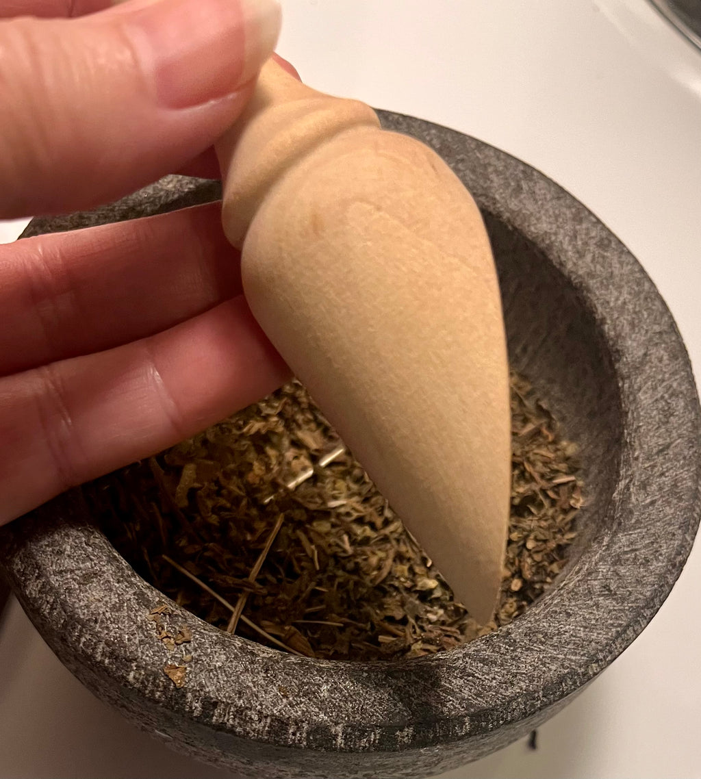 Yahweh's Apothecary wooden tea scoop detail view