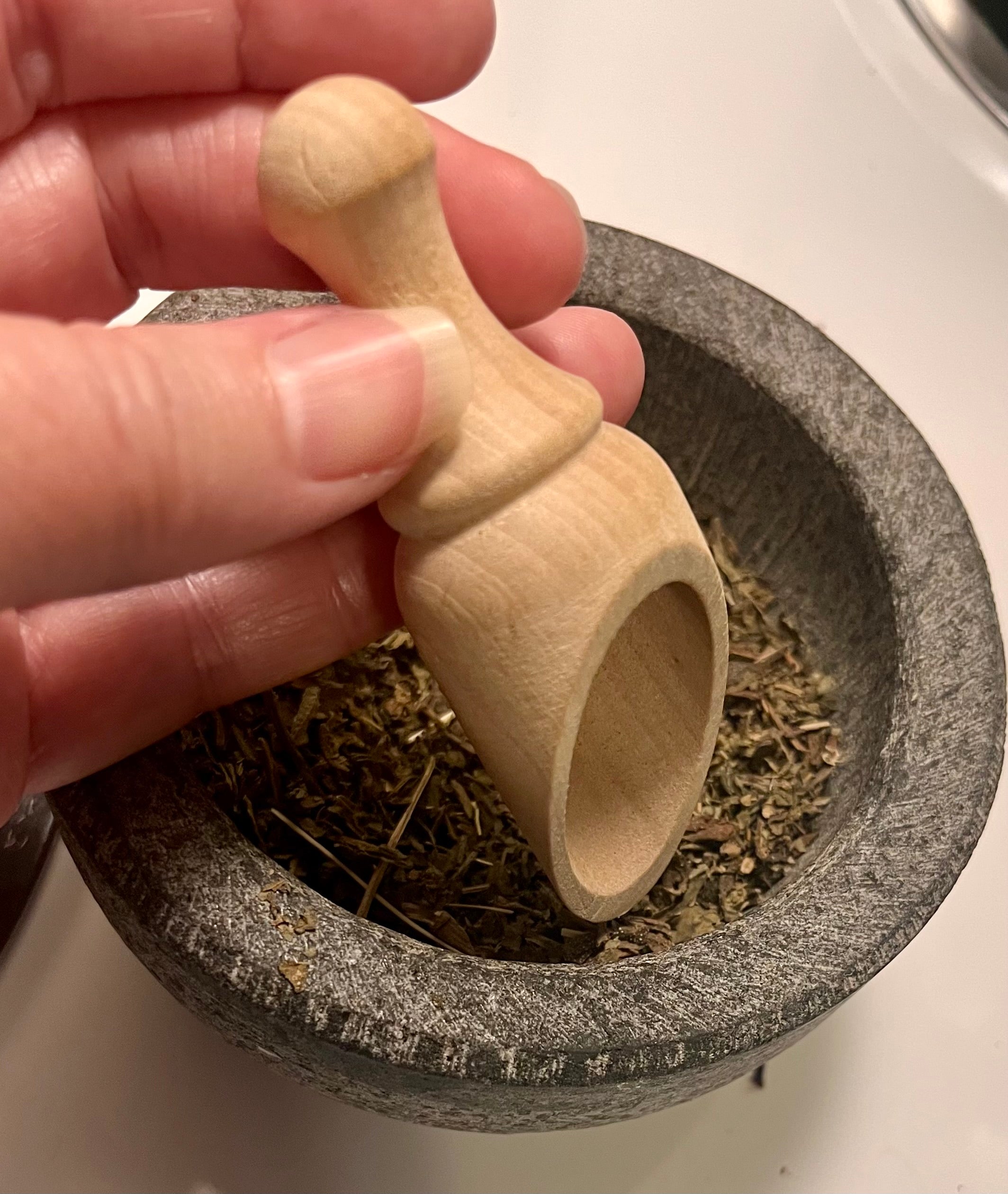 Yahweh's Apothecary wooden tea scoop detail view