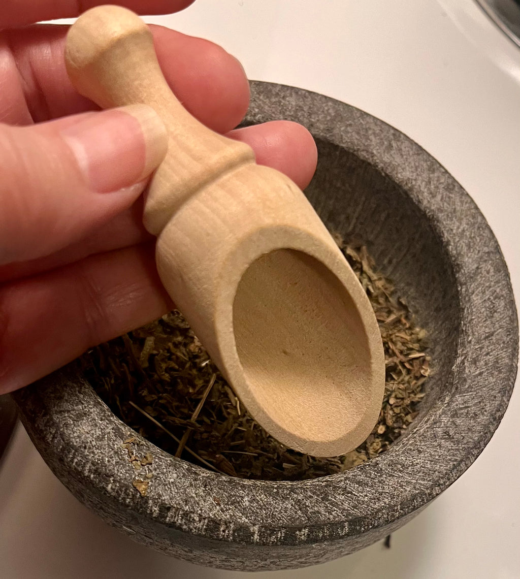 Yahweh's Apothecary wooden tea scoop detail view