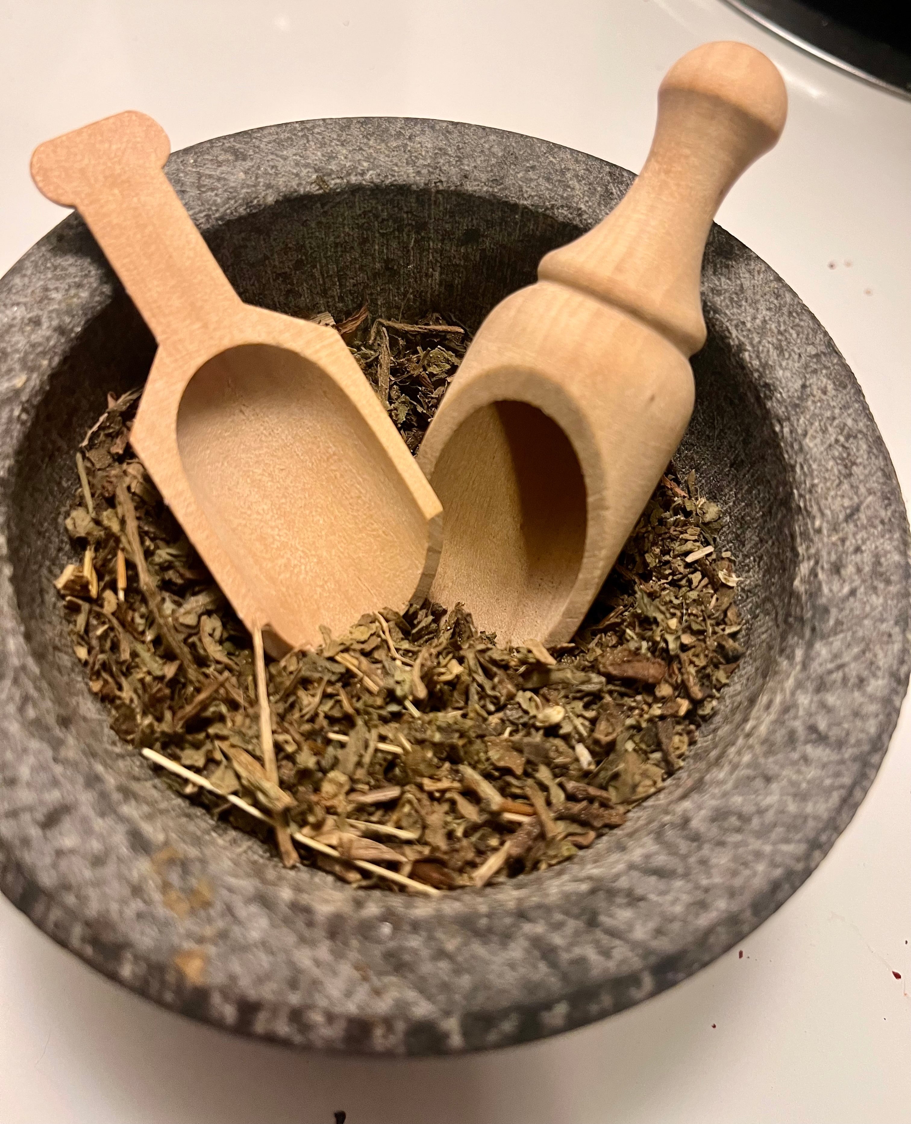 Yahweh's Apothecary wooden tea scoop detail view