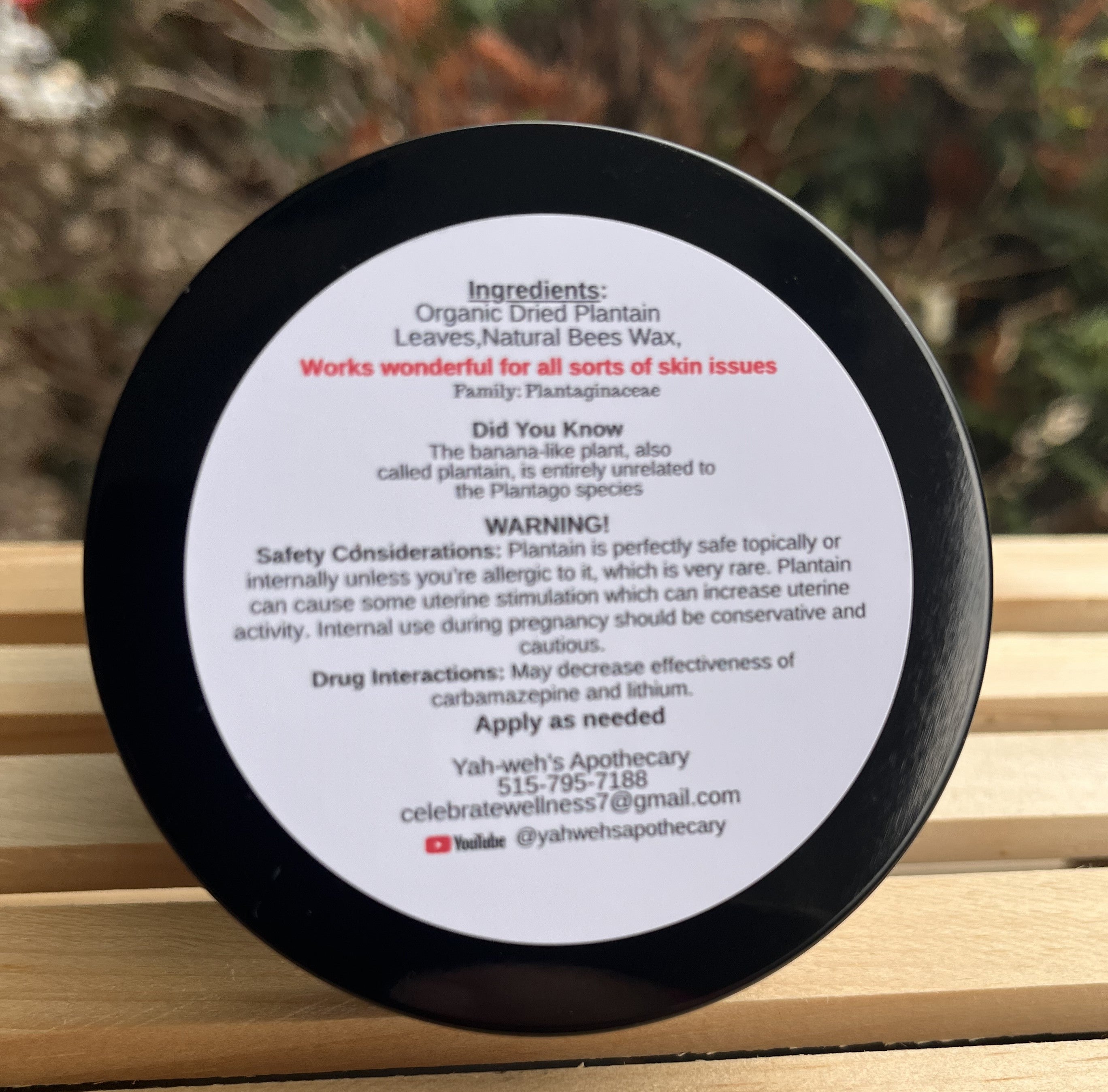 Yahweh's Apothecary Plantain Leaf Paste ingredients and details back side