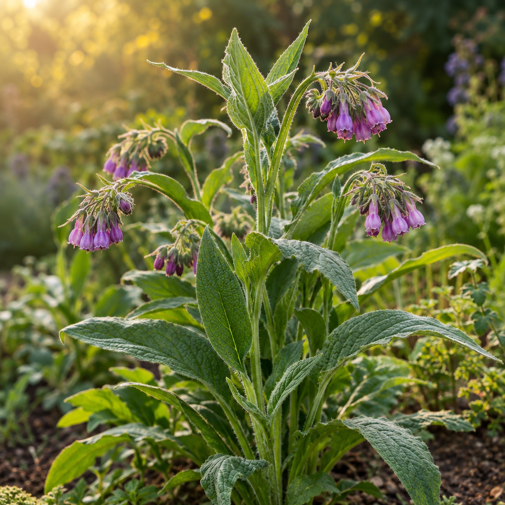 Comfrey plant in a sunlit herb garden