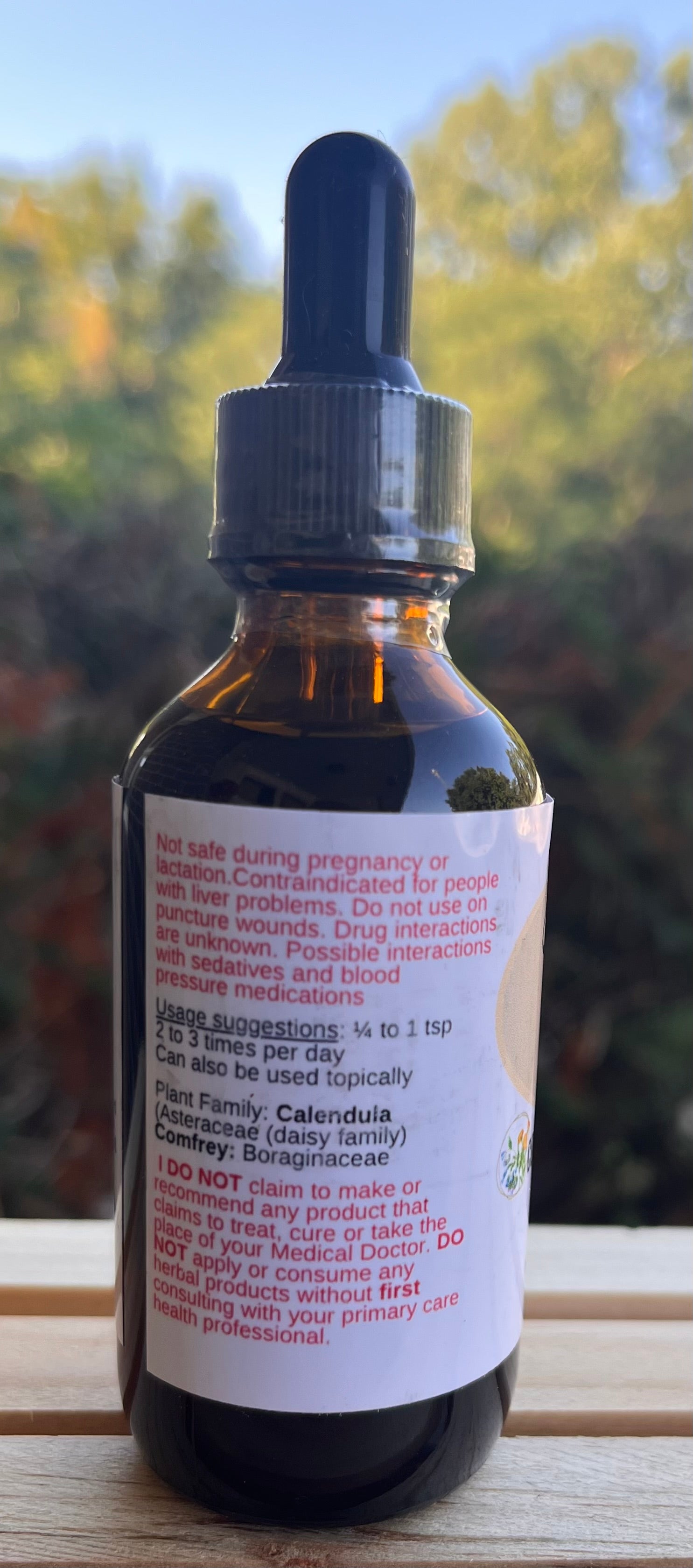 Yahweh's Apothecary Comfrey and Calendula tincture bottle dosage and details label