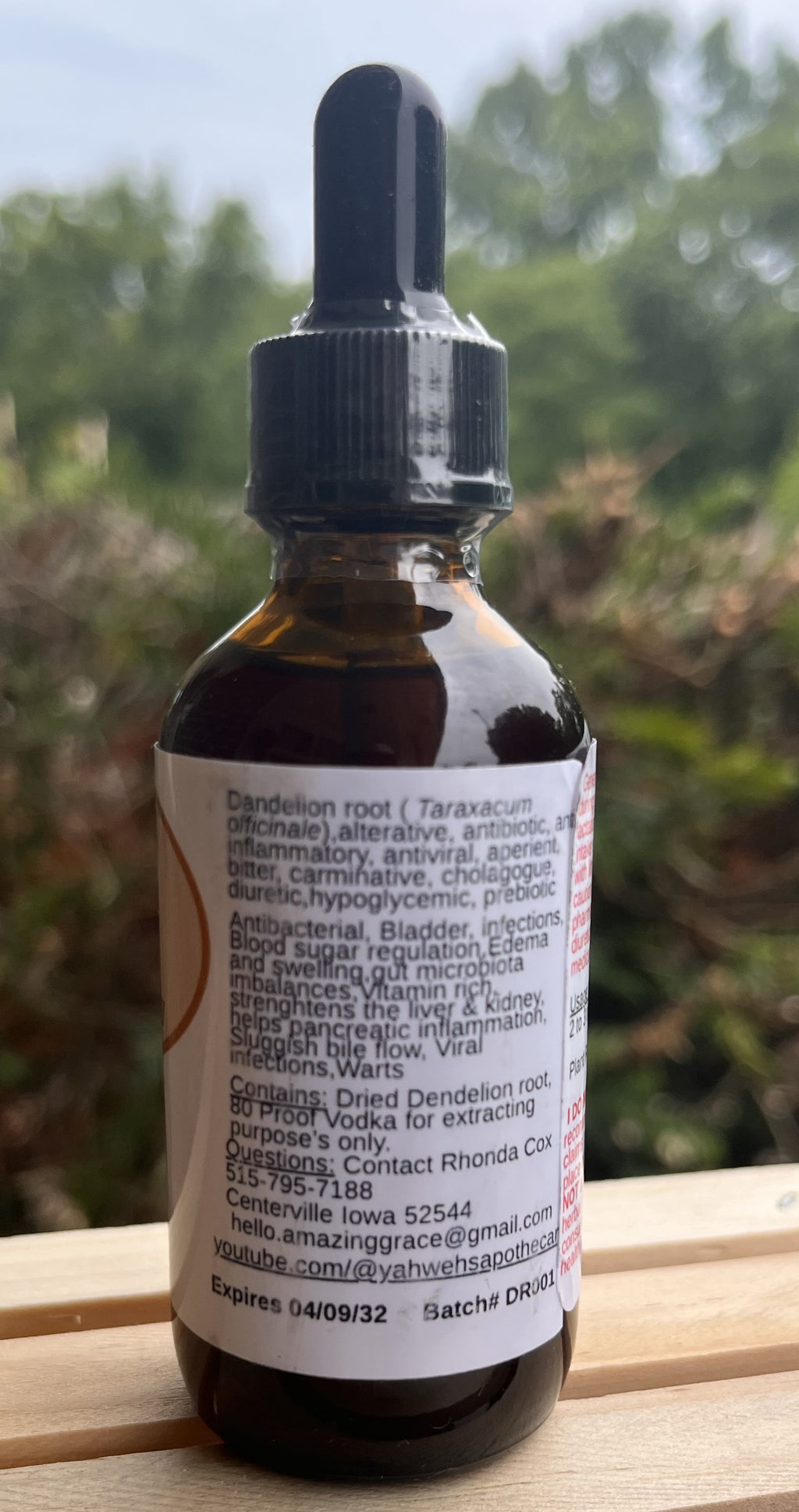 Yahweh's Apothecary Dandelion Root tincture bottle side panel label