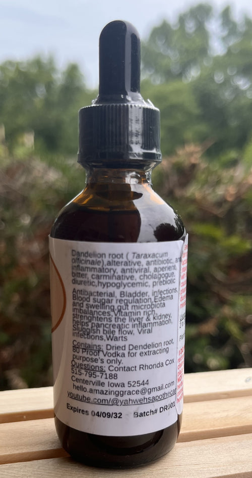 Yahweh's Apothecary Dandelion Root tincture bottle side panel label