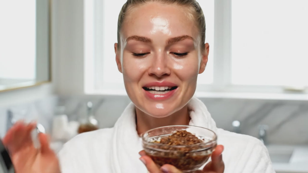 This is an example of the Coffee and Rose Hip Seed oil Facial Scrub being applied to the skin and not the actual product.