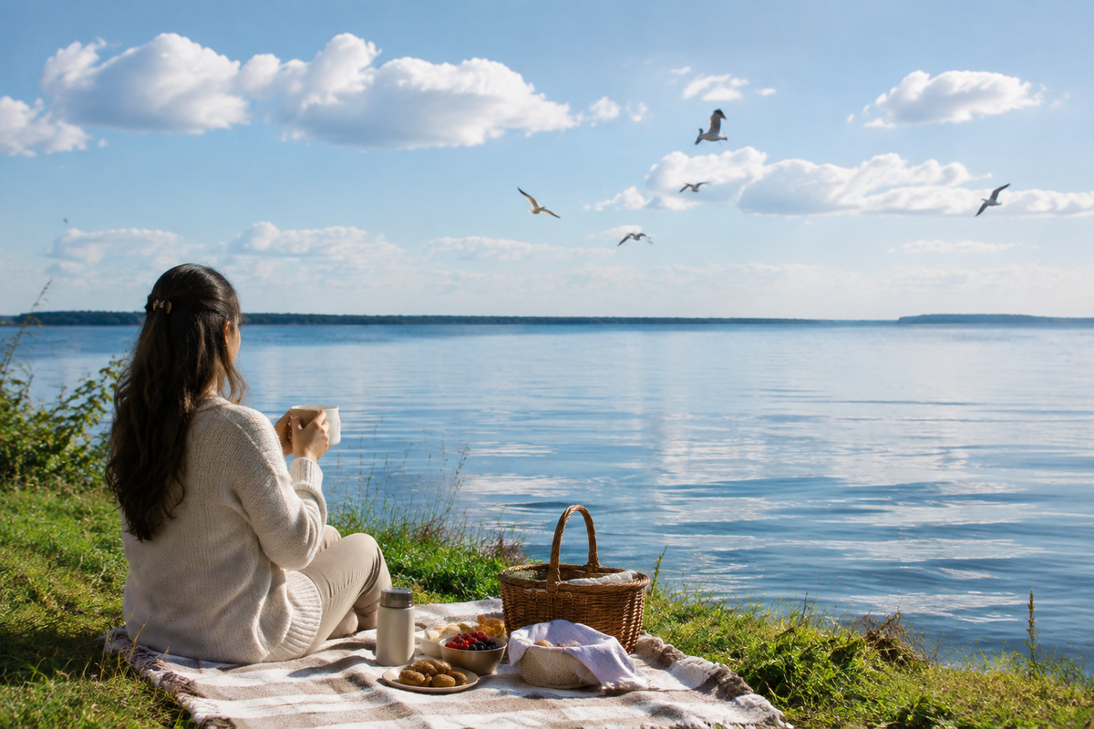 Serene picnic by the water with tea